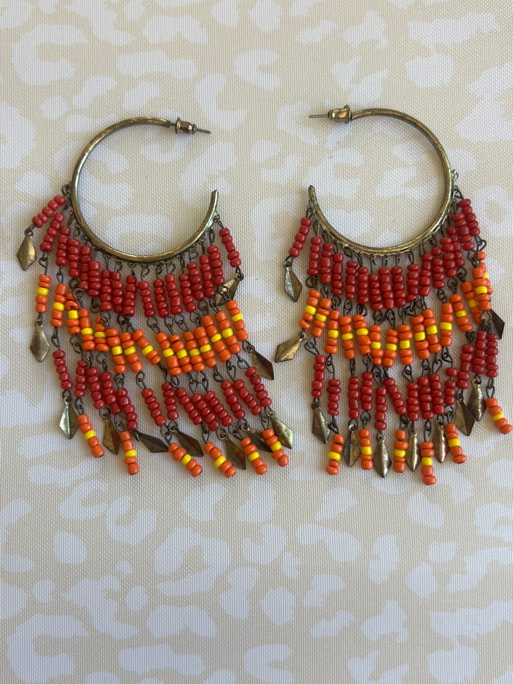 Boho Beaded Fringe Hoop Earrings — Red & Orange 4 inch - Picture 3 of 8
